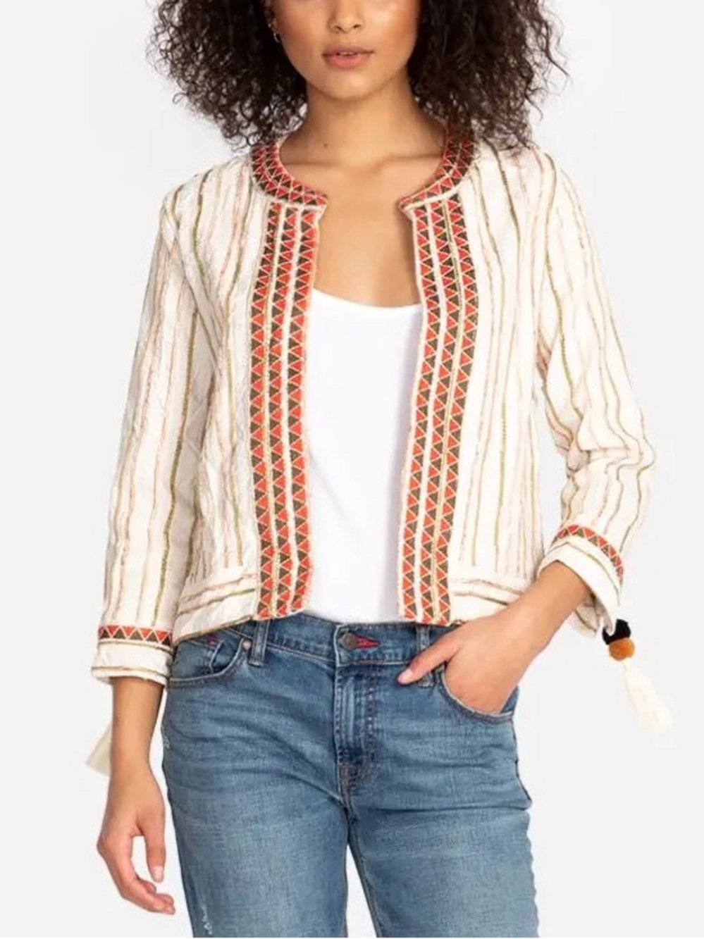 Johnny Was Large Workshop Maya Embroidered Striped Cropped Jacket Beige & Red